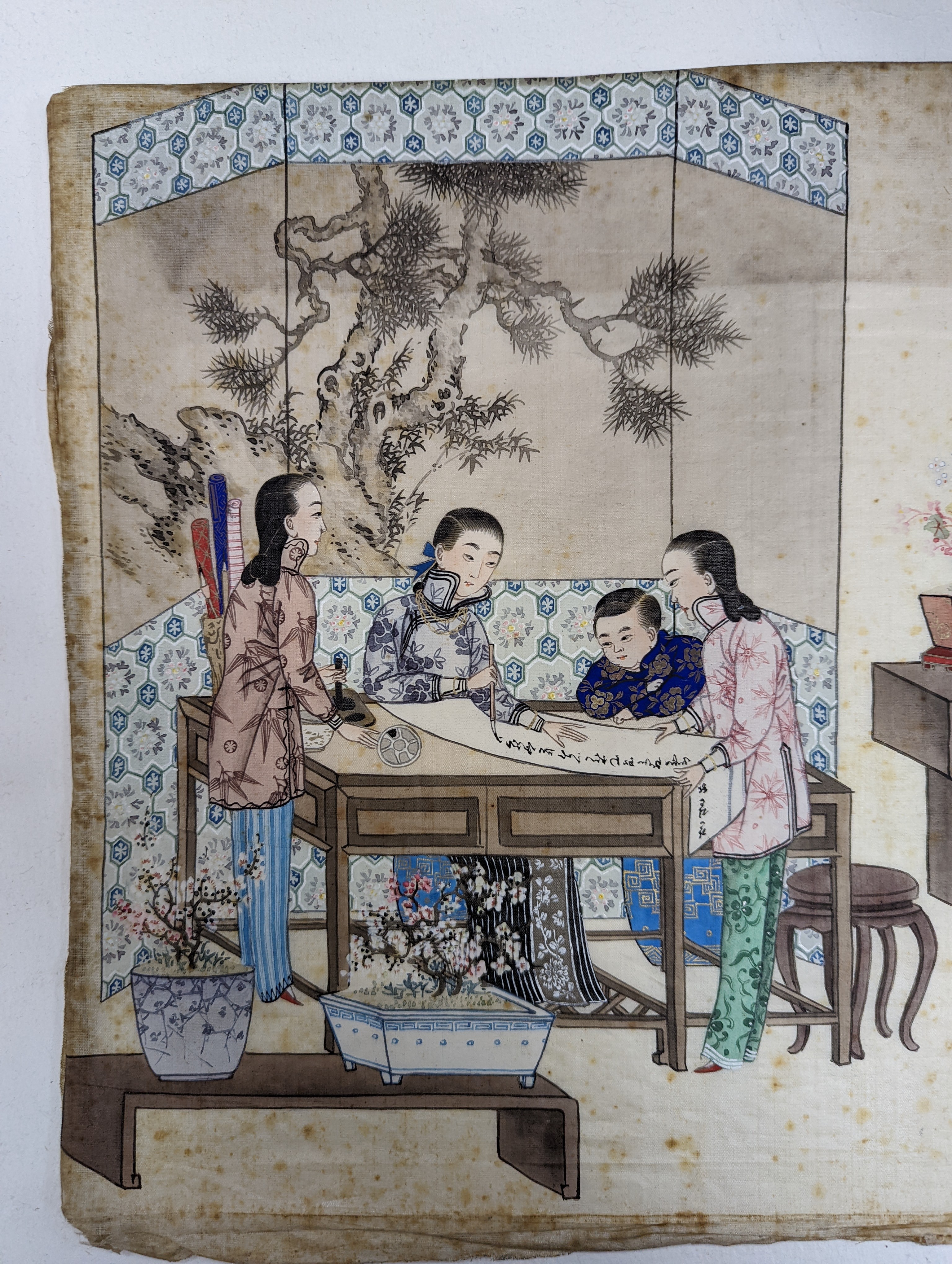 Chinese school circa 1900, gouache on silk, Calligrapher with onlookers, 31 x 40cm, unframed